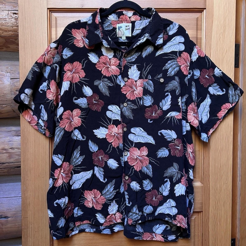 VTG ME Sport Mens Black Floral Tropical Hawaiian Aloha Camp Shirt Size XXL 2XL